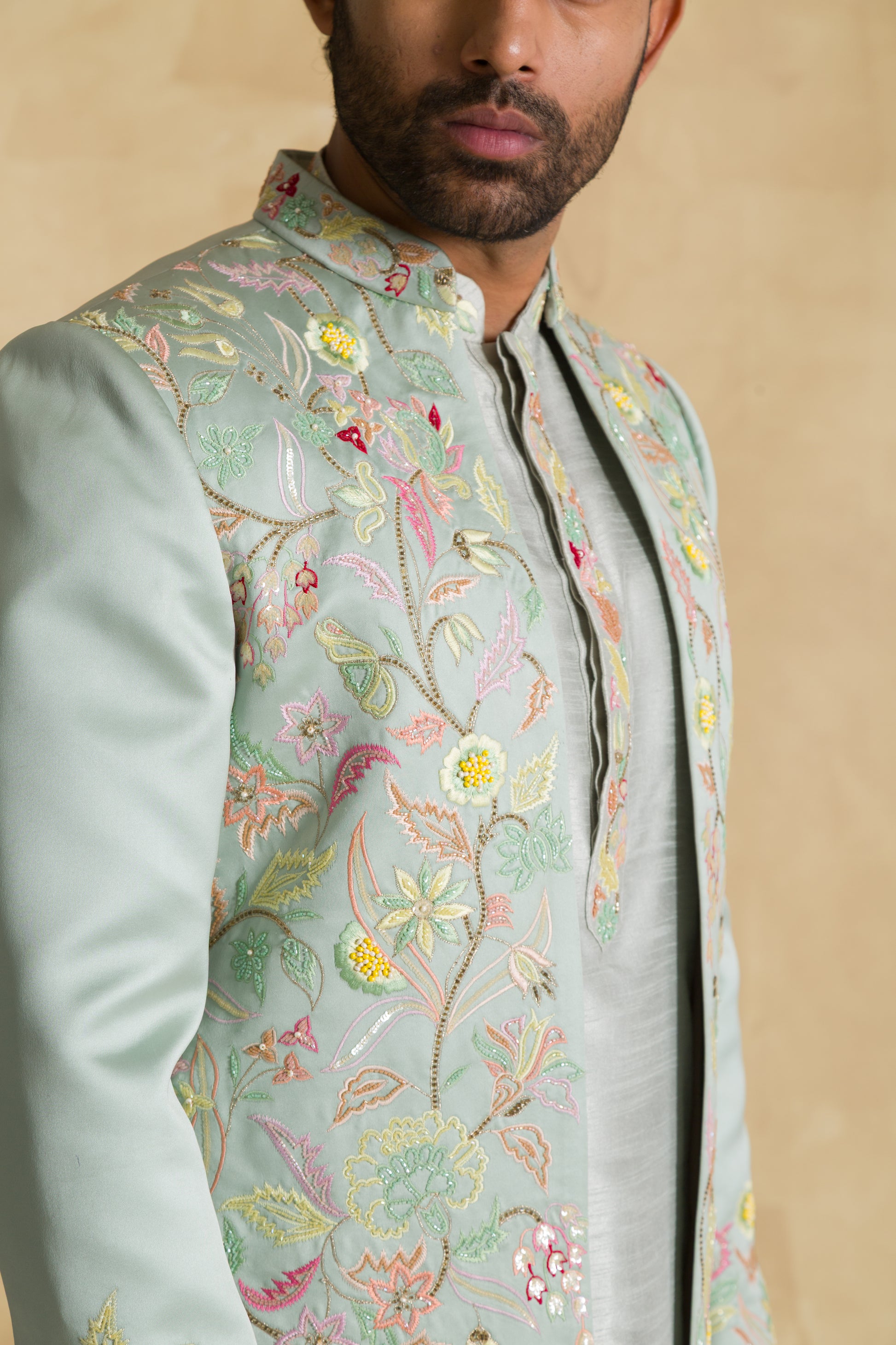 Sea Green Floral Indo-Western Set - 91threads