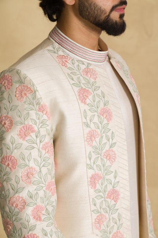 cream sherwani jacket with pink floral embroidery and striped collar for men
