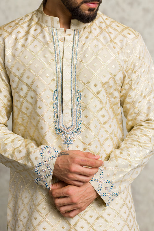 IVORY KURTA SET WITH BLUE DETAIL - 91threads