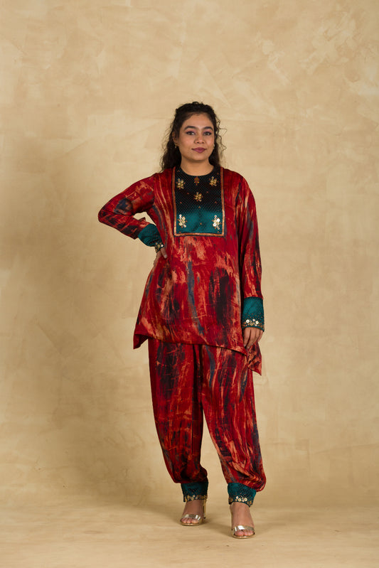 Brown Ajrakh Salwar Suit With Patchwork - 91threads