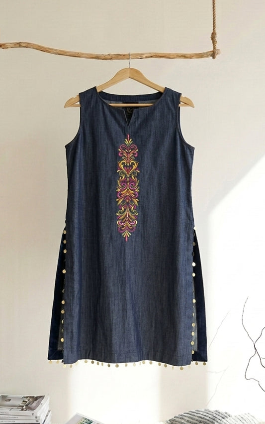 Dark Blue Straight-Fit Kurta With Coin Work - 91threads
