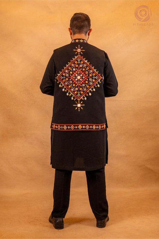 Black Kurta Bandi Set With Kutchi Handwork
