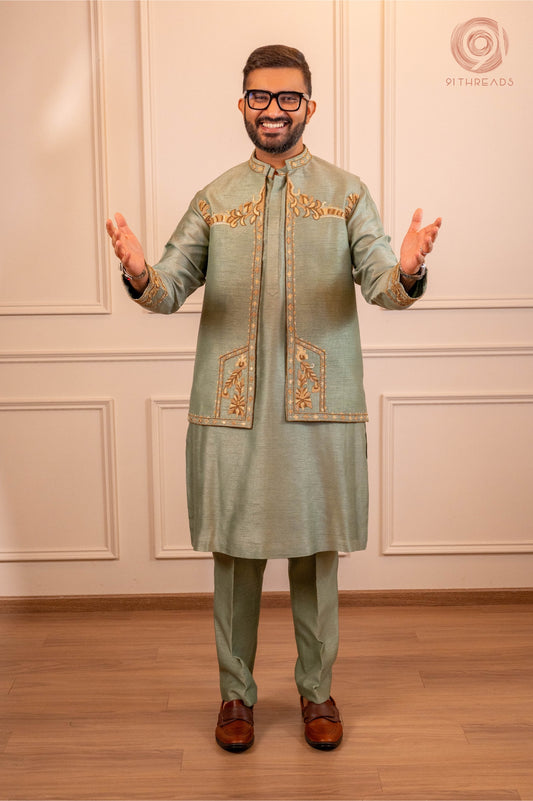 Sage Green Kurta Jacket With Gota Patti Work