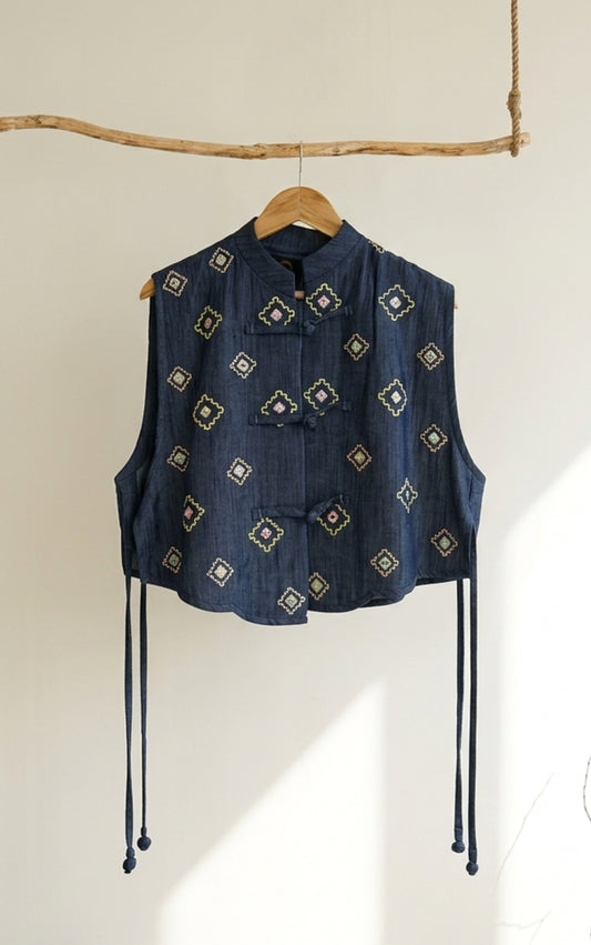 Dark Blue Gilet Jacket With Mirror Work - 91threads
