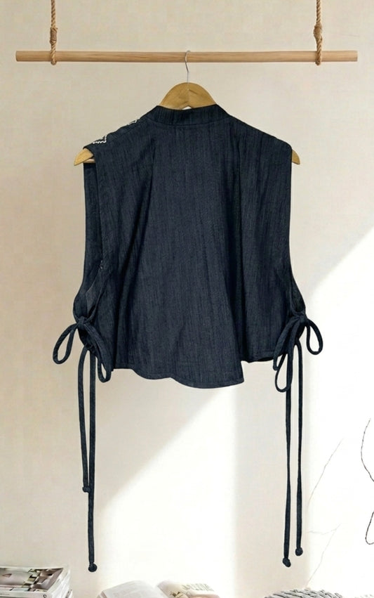 Dark Blue Gilet Jacket With Mirror Work - 91threads