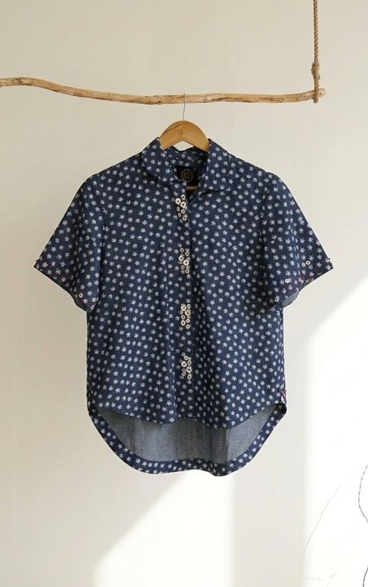 Printed Denim Shirt With Seashell Buttons - 91threads