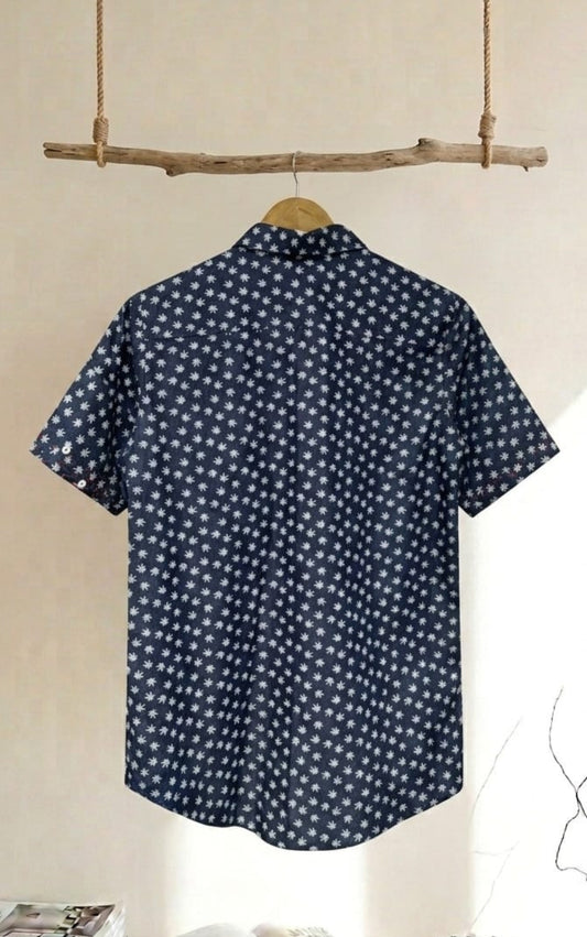 Printed Denim Shirt With Seashell Buttons - 91threads