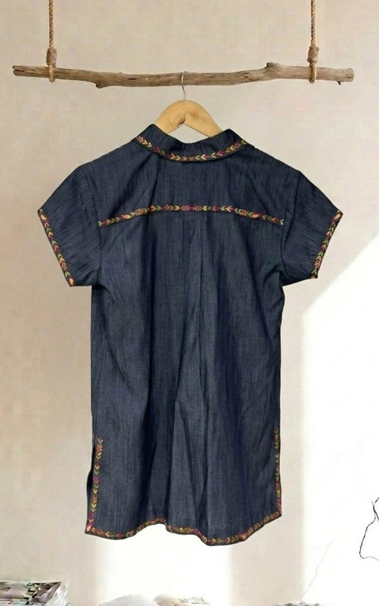Denim Kurta Shirt With Floral Thread Work - 91threads