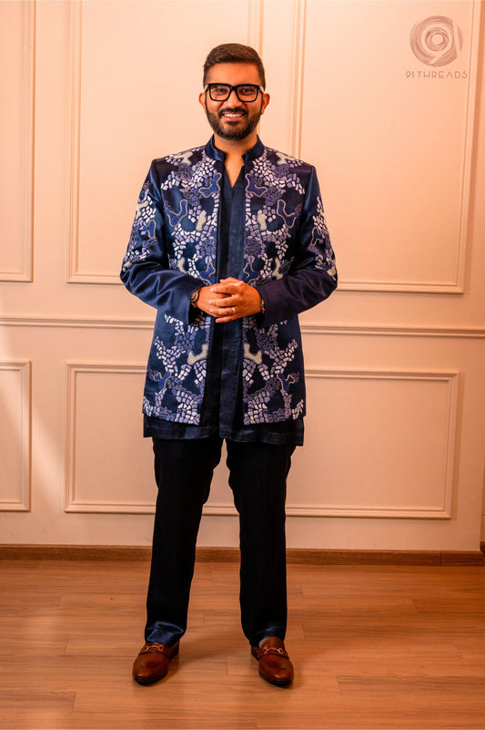 Blue Kurta Jacket Set With Falisa Work