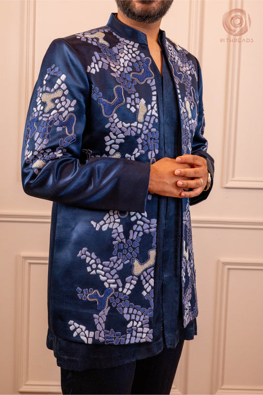 Blue Kurta Jacket Set With Falisa Work