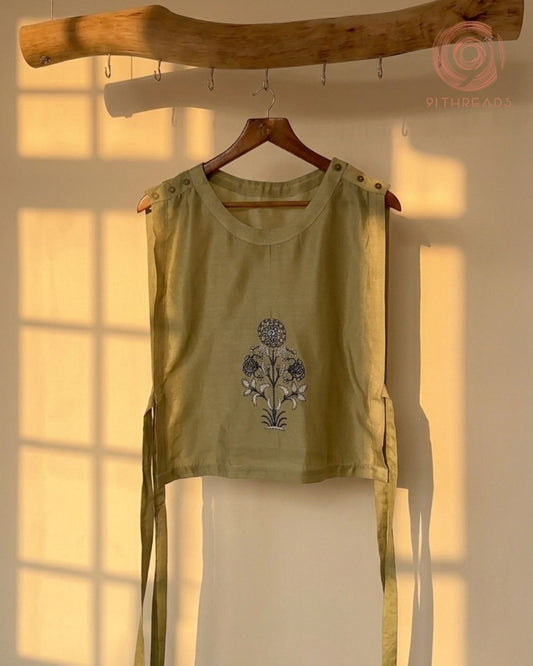 Olive Green Gilet With Floral Motif