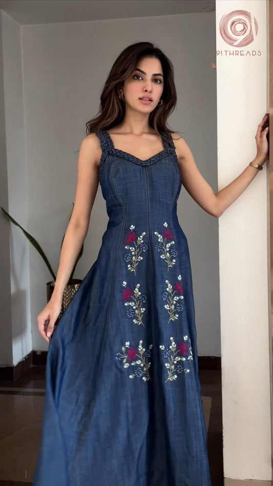 Dark Blue Denim Flared Dress