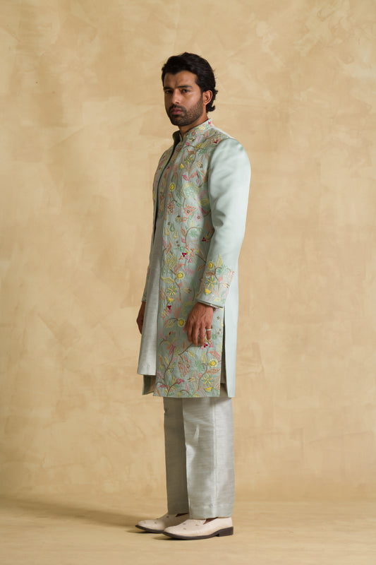 Sea Green Floral Indo-Western Set - 91threads