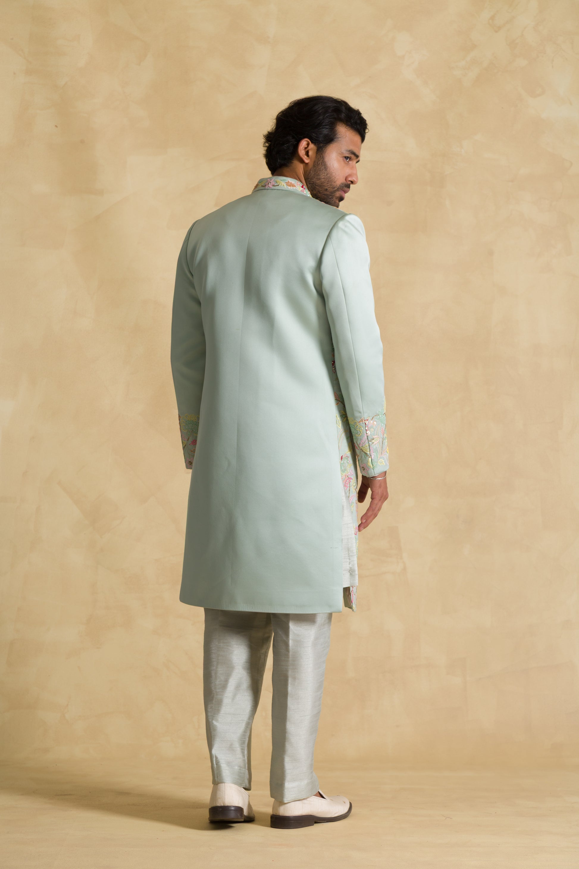 Sea Green Floral Indo-Western Set - 91threads