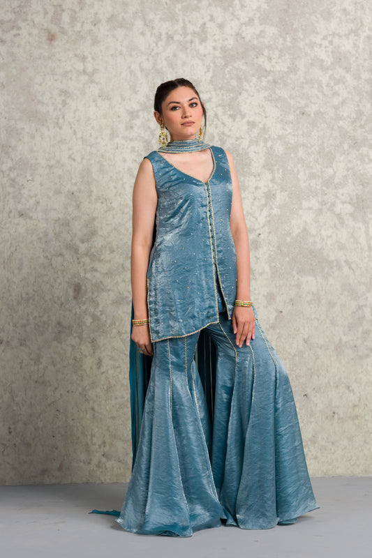 TEAL BLUE SHORT KURTA AND SHARARA - 91threads