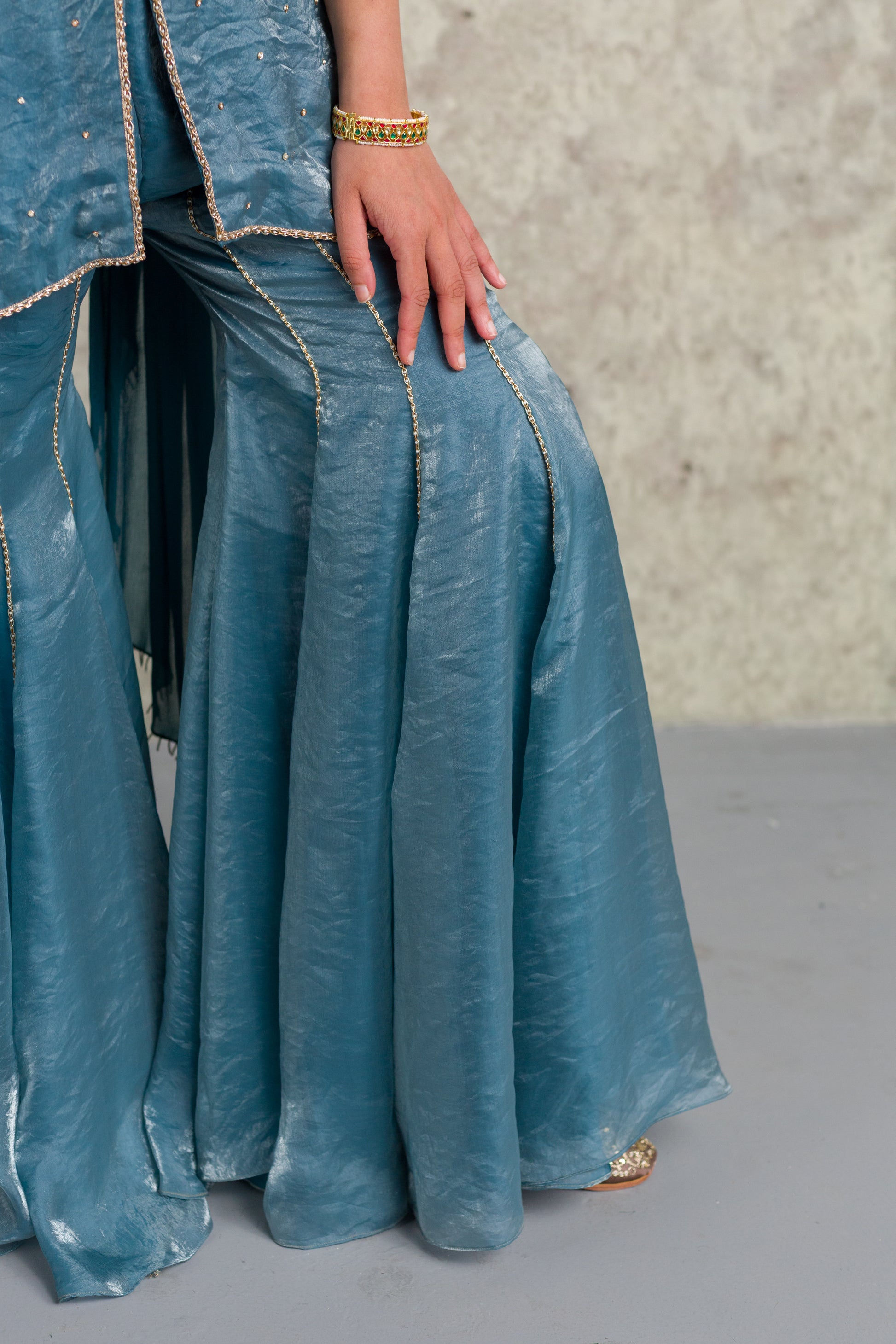 TEAL BLUE SHORT KURTA AND SHARARA - 91threads