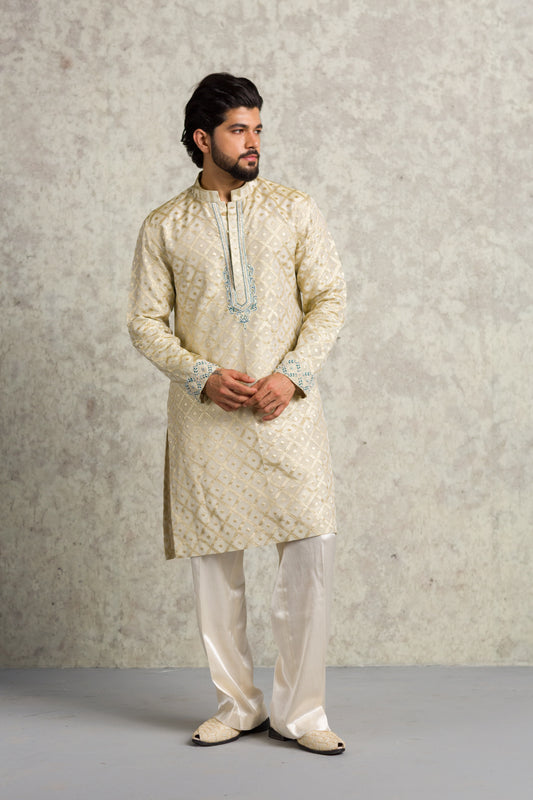 IVORY KURTA SET WITH BLUE DETAIL - 91threads