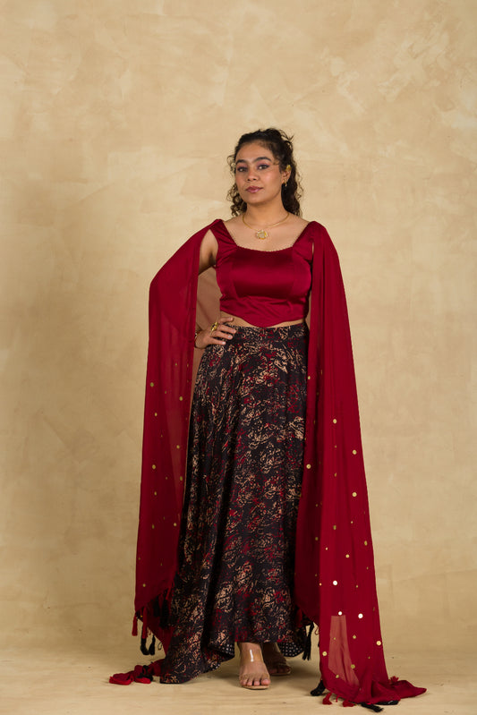 Black Ajrakh Skirt & Corset Set - 91threads