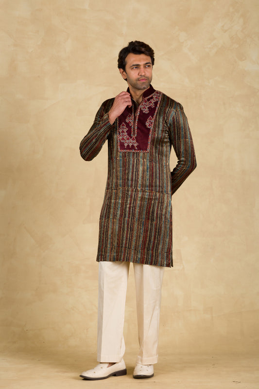 Multicolour Ajrakh Print Kurta With Patchwork - 91threads