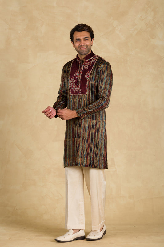 Multicolour Ajrakh Print Kurta With Patchwork - 91threads