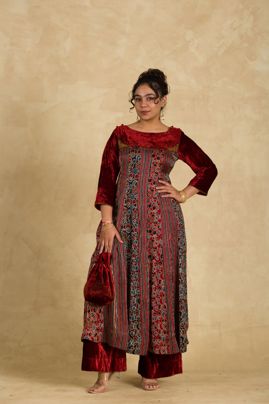 Ajrakh Panelled Anarkali Kurta - 91threads