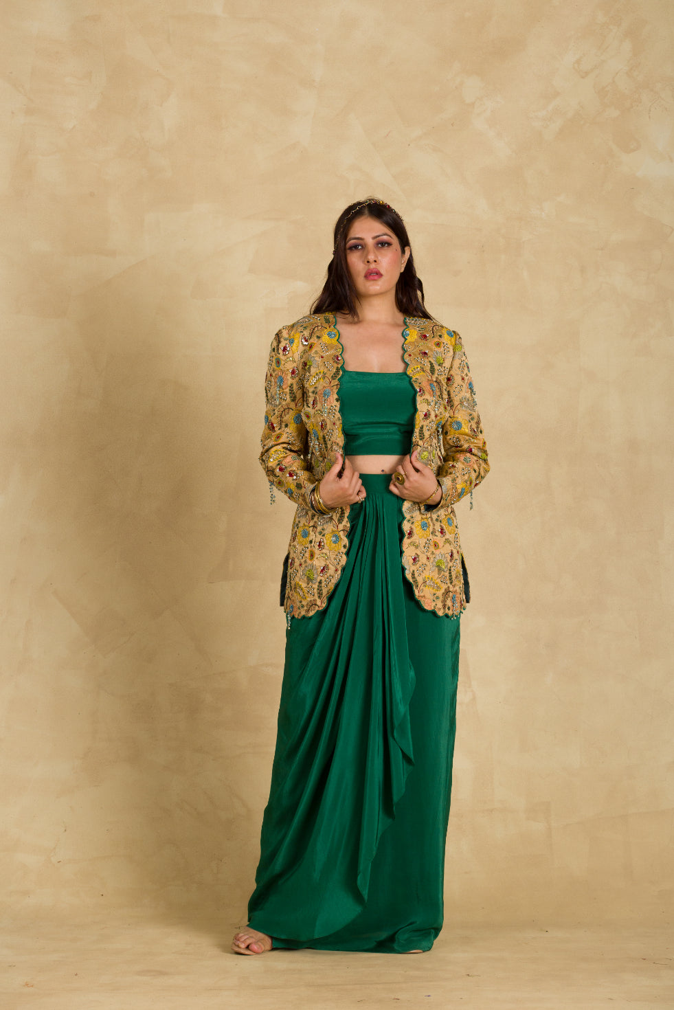 Golden Beige Floral Embellished Jacket - 91threads