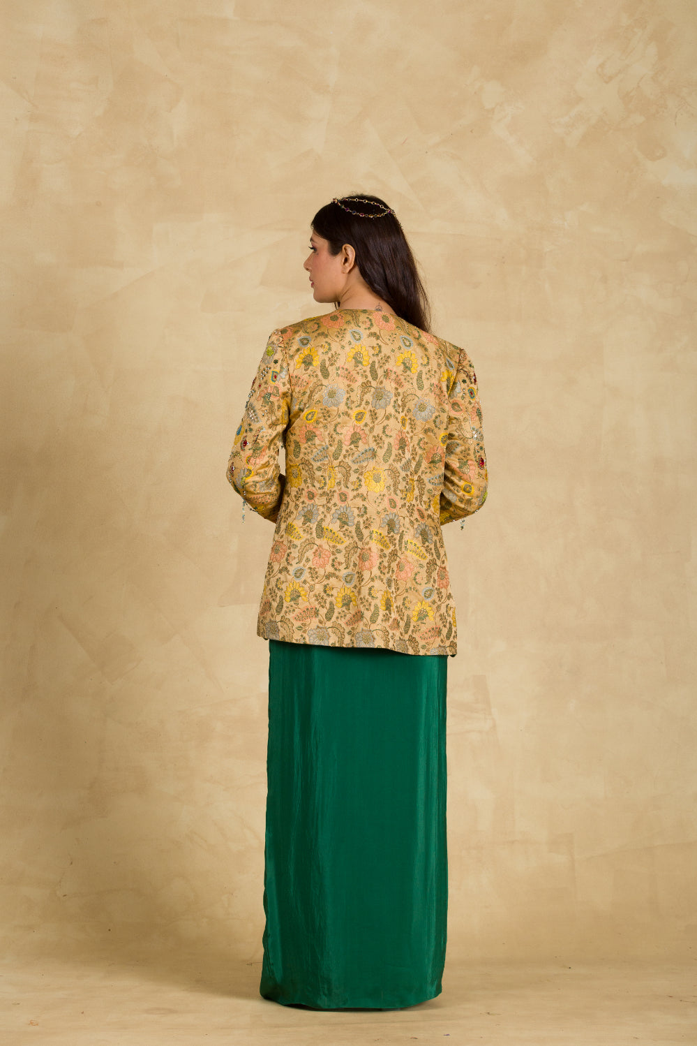 Golden Beige Floral Embellished Jacket - 91threads