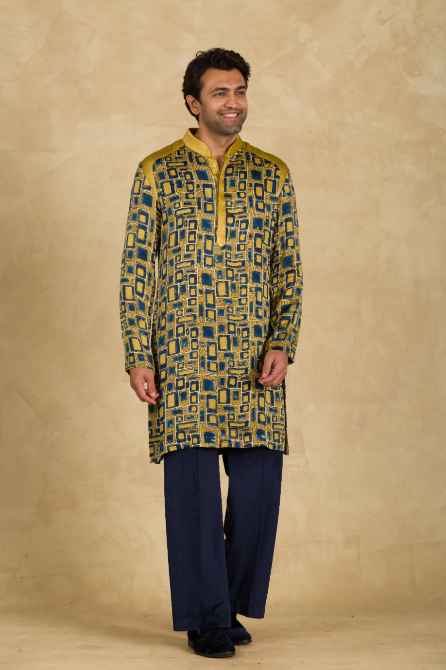 Yellow & Blue Ajrakh Print Kurta - 91threads