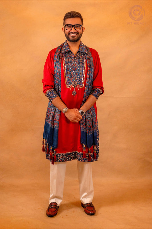 Maroon Blue Ajrakh Kurta Set With Dupatta