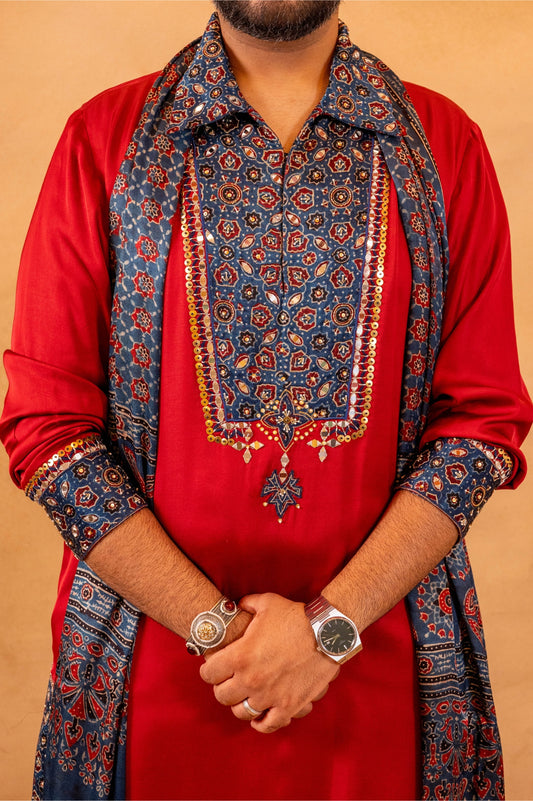 Maroon Blue Ajrakh Kurta Set With Dupatta