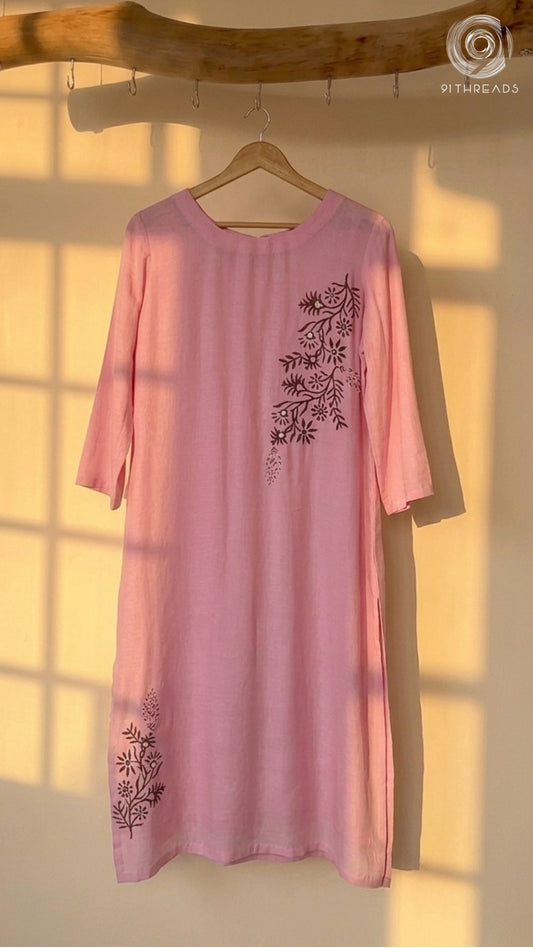 Pink Kurta With Floral Block Prints