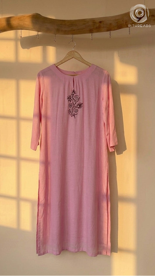 Pink Kurta With Floral Block Prints