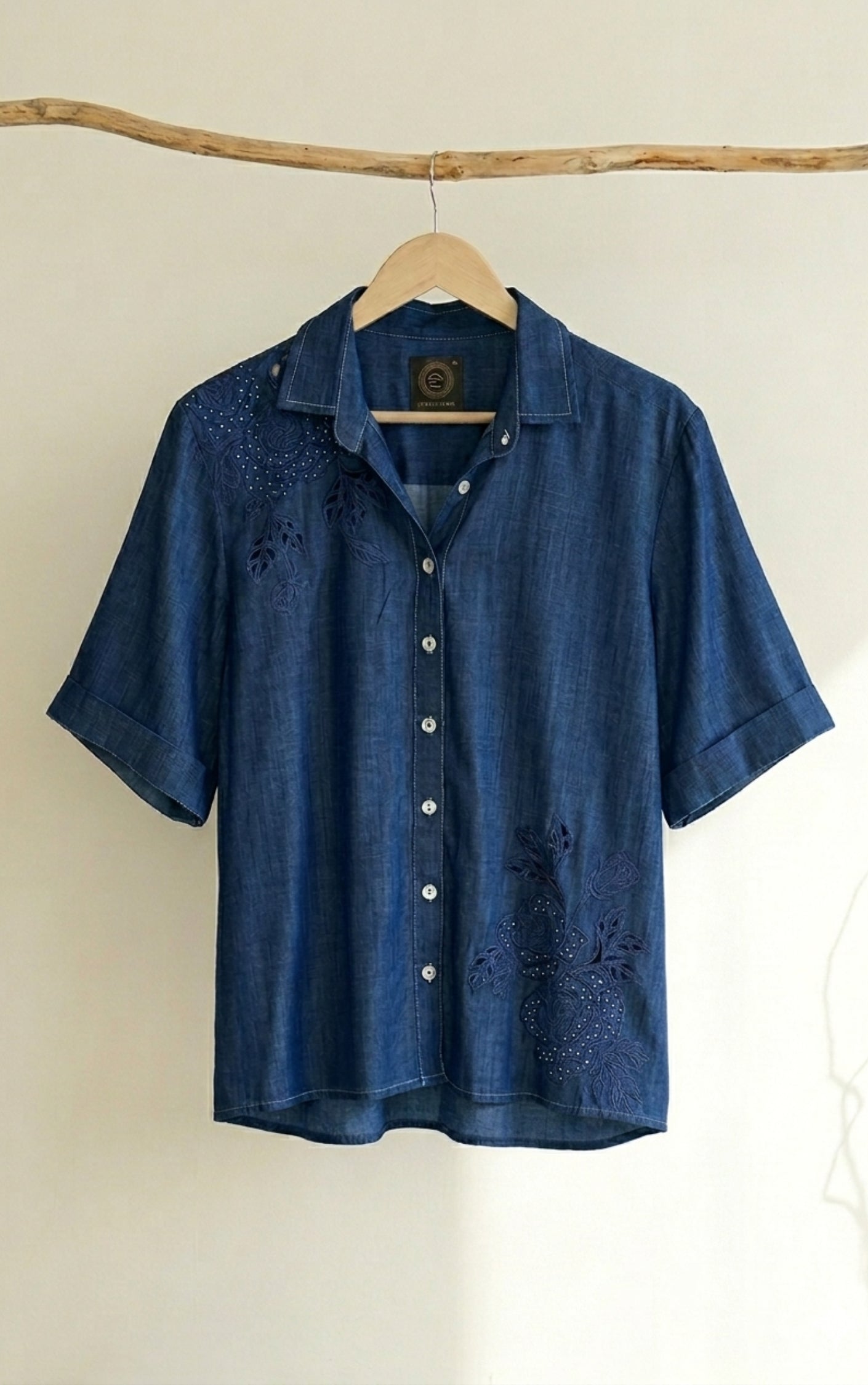 Denim Shirt With Cutwork Embroidery - 91threads
