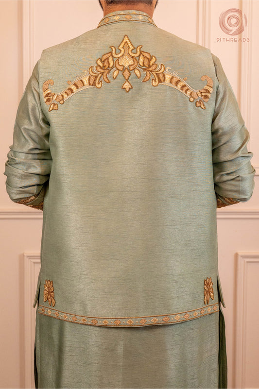 Sage Green Kurta Jacket With Gota Patti Work