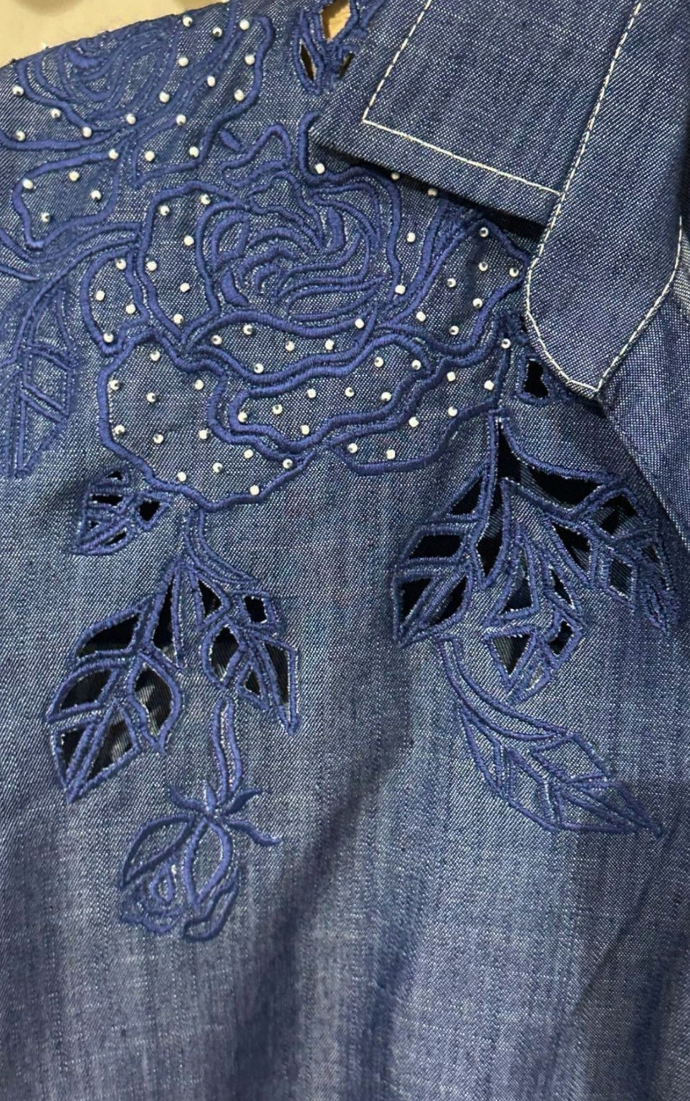 Denim Shirt With Cutwork Embroidery - 91threads