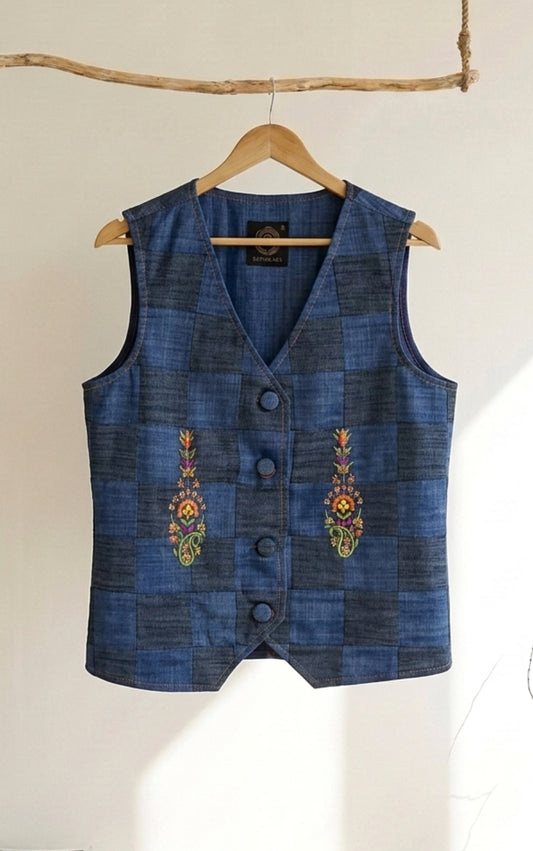 Denim Checks Waistcoat Top - 91threads