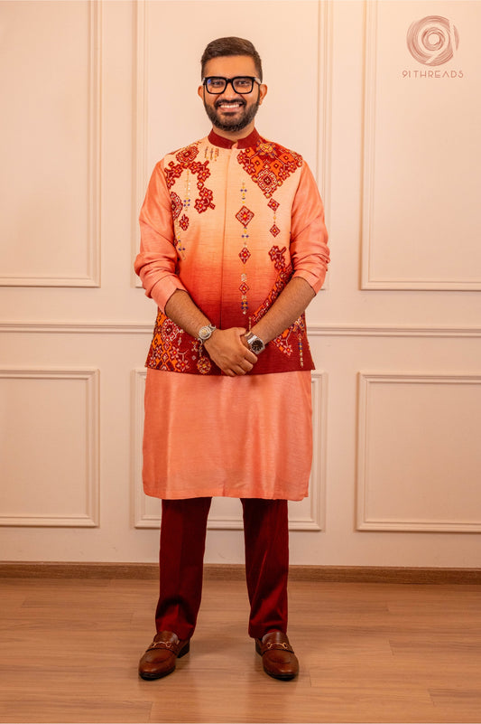 Peach Kurta Set With Patola Jacket