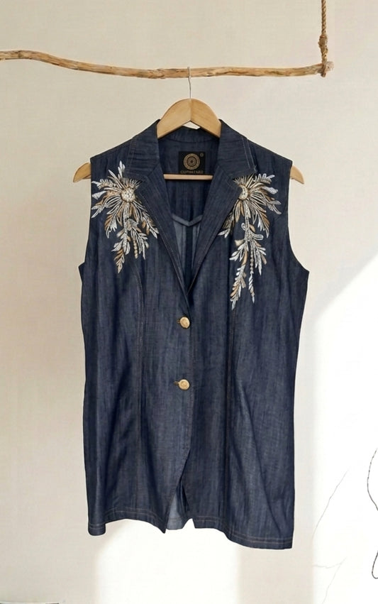 Denim Waistcoat Top With Floral Motifs - 91threads