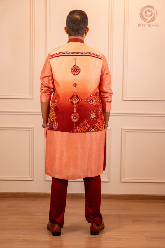 Peach Kurta Set With Patola Jacket