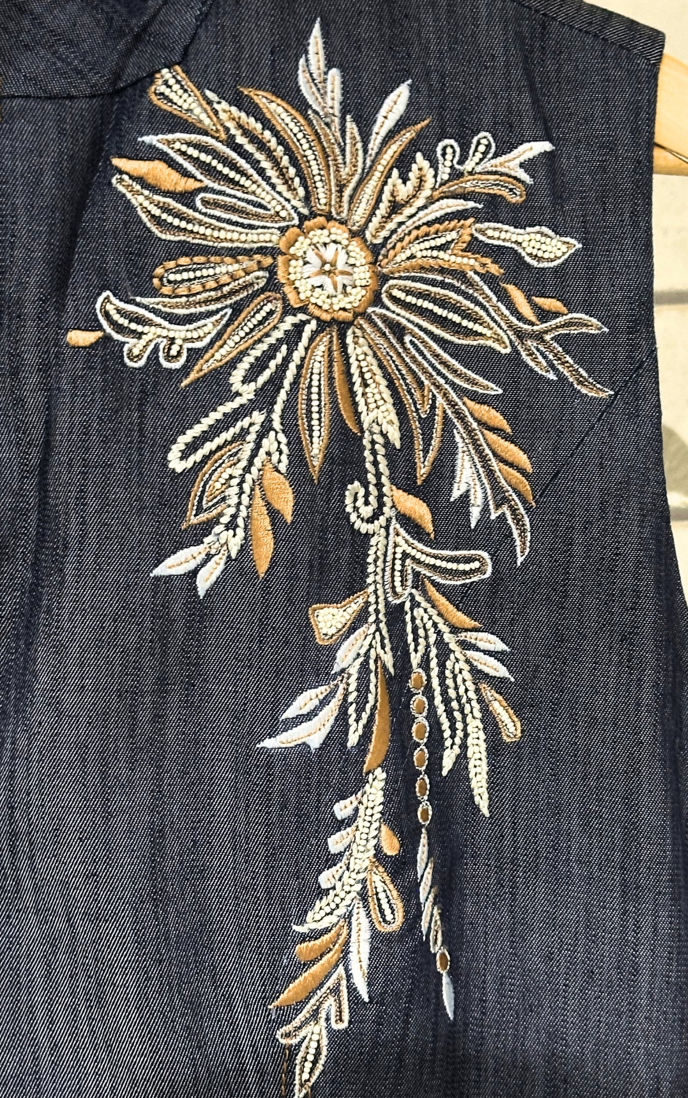 Denim Waistcoat Top With Floral Motifs - 91threads