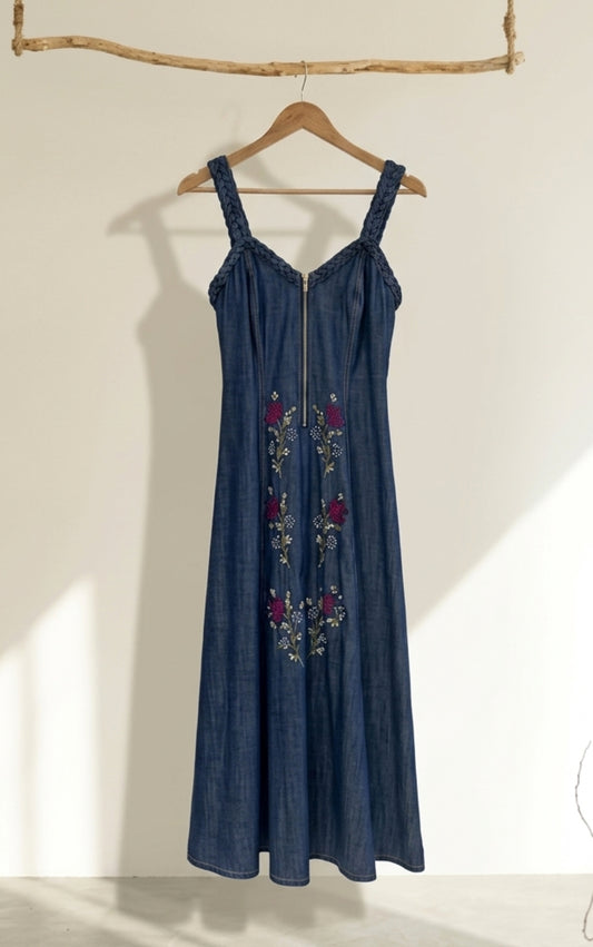 Dark Blue Denim Flared Dress - 91threads