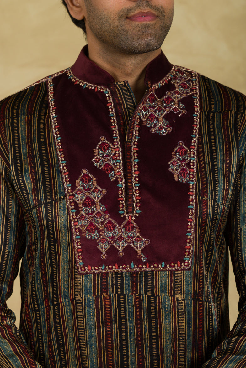 Multicolour Ajrakh Print Kurta With Patchwork - 91threads