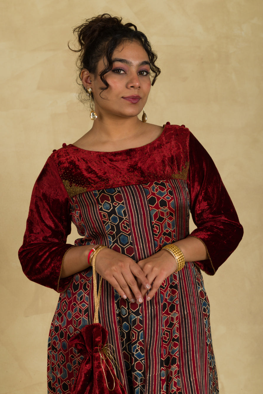 Ajrakh Panelled Anarkali Kurta - 91threads