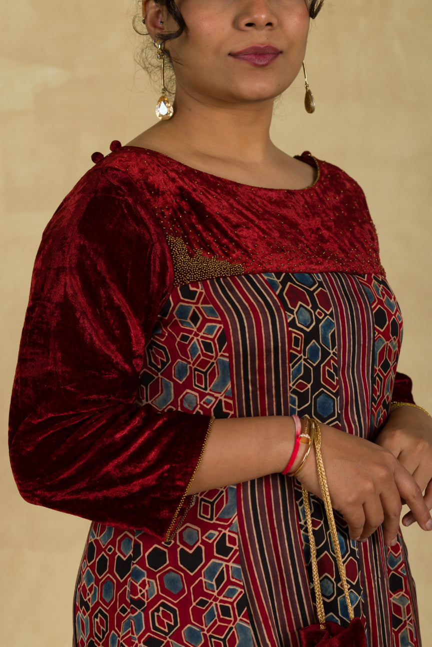 Ajrakh Panelled Anarkali Kurta - 91threads