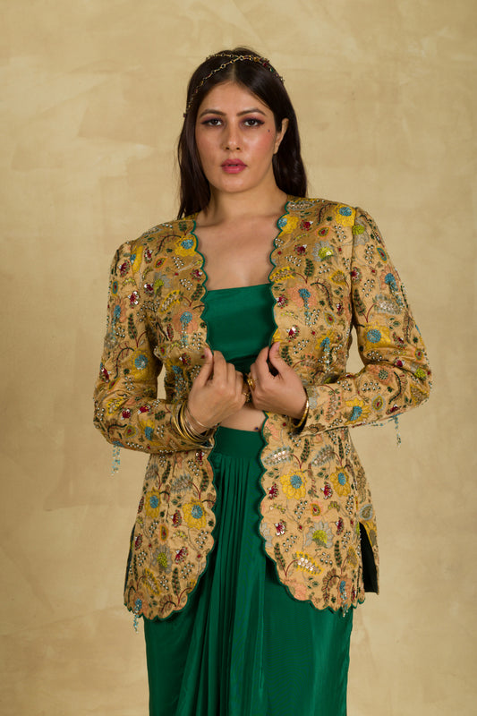 Golden Beige Floral Embellished Jacket - 91threads