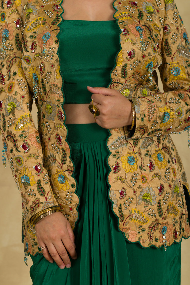 Golden Beige Floral Embellished Jacket - 91threads