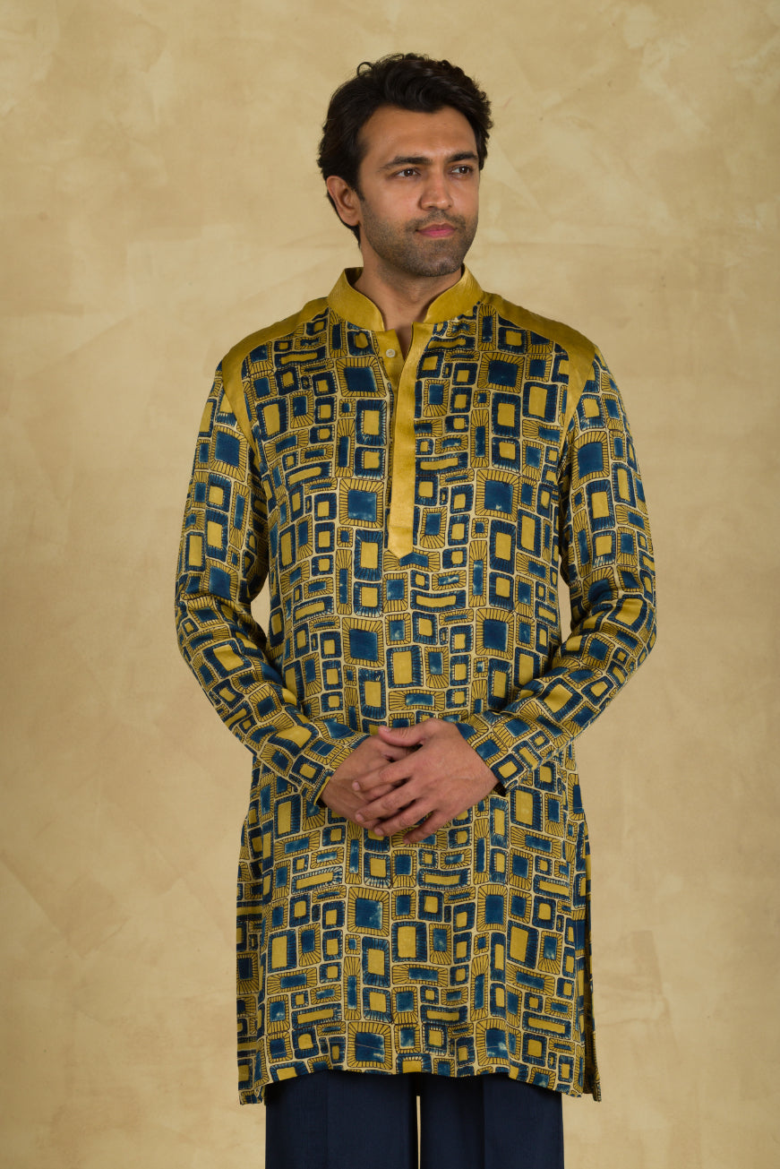 Yellow & Blue Ajrakh Print Kurta - 91threads