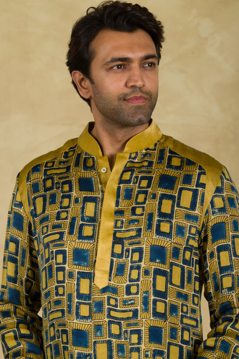 Yellow & Blue Ajrakh Print Kurta - 91threads