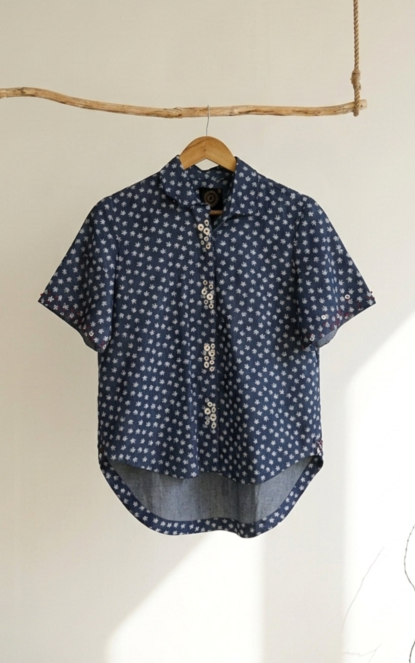 Printed Denim Shirt With Seashell Buttons - 91threads