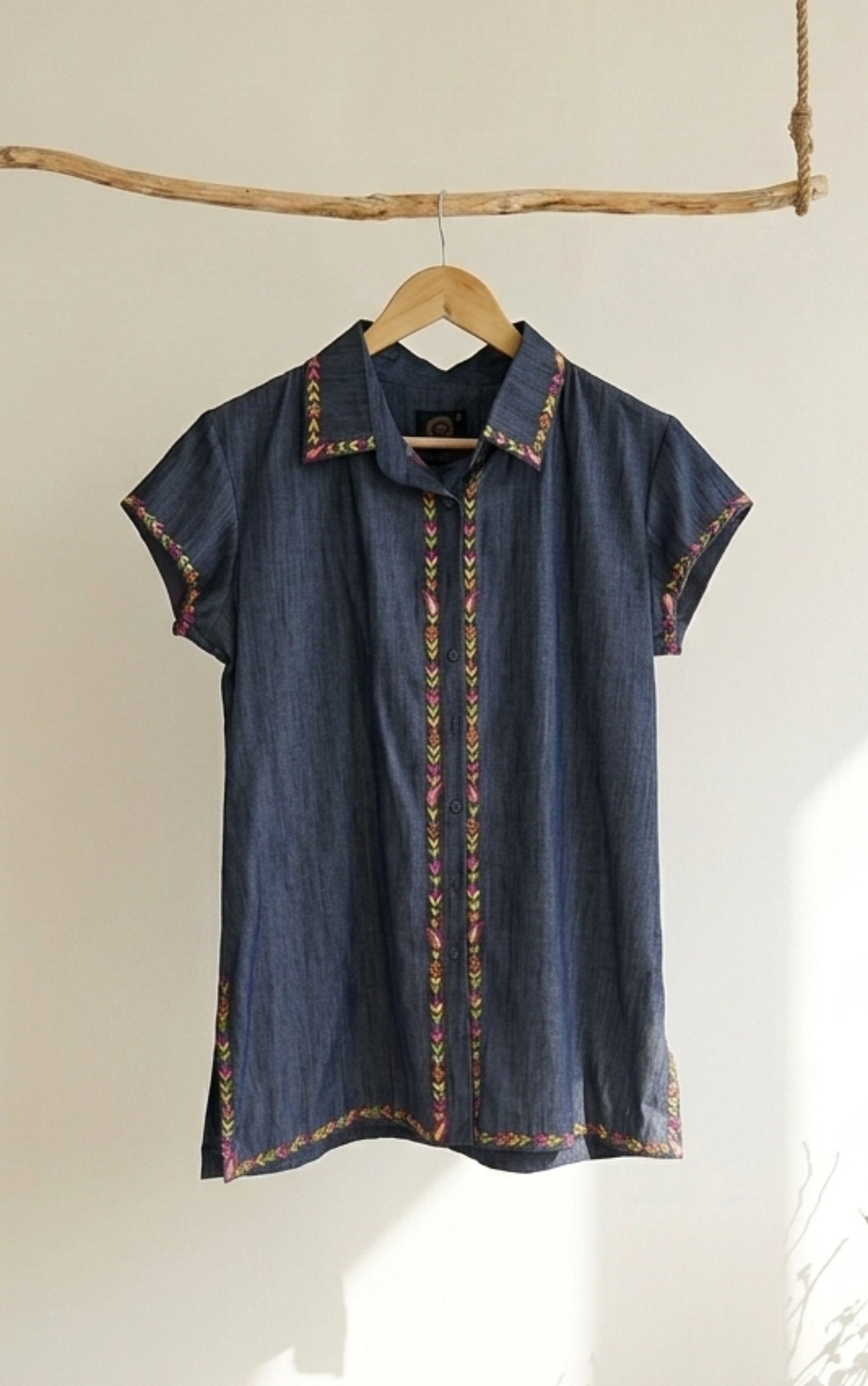Denim Kurta Shirt With Floral Thread Work - 91threads